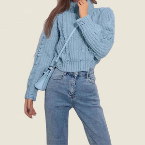 <span class=keywords><strong>Pull</strong></span> décontracté en polyester tricoté torsadé avec dentelle, col roulé <span class=keywords><strong>oversize</strong></span>, manches longues, respirant et anti-plis, style automne européen et américain - Product Image 6