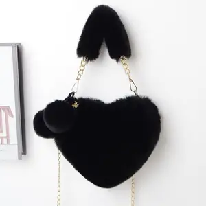 Heart Pom Bags Wholesale Mini Card Coin Purse Luxury Pop Fur Small Wallet With Pendant KeyChain Women Girls Plush Handbag