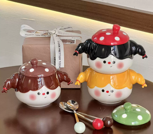Taza de Cerámica con Diseño de Niña de Dibujos Animados, Bonito Diseño de Trenza, con Tapa y Cuchara, Apilable para el Desayuno en Pareja, Disponible al por Mayor - Product Image 2