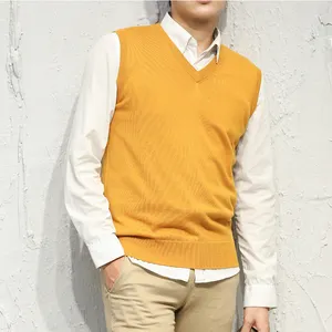 Good Quality Factory Cheap Autumn Winter V Neck Sleeveless Solid Color Orange Yellow Sweater Knitted Men'S Vests