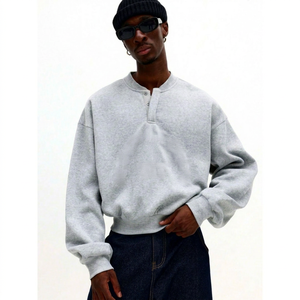 Oversized Gray French Terry <b>Half</b> <b>Zip</b> <b>Sweatshirt</b> <b>Men</b> Button Up Collar Embroidered Letter Design Casual Autumn Wear - Product Image 3