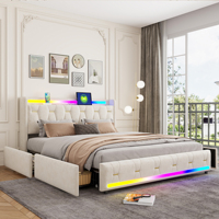 Lit multifonctionnel avec rangement intégré, cadre en velours, éclairage LED RGB, audio Bluetooth, chargeur sans fil, port USB C