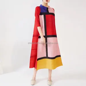 가을 Miyake Pleated 플러스 사이즈 최신 캐주얼 드레스 디자인 숙녀 컬러 블록 긴 소매 이슬람 긴 드레스