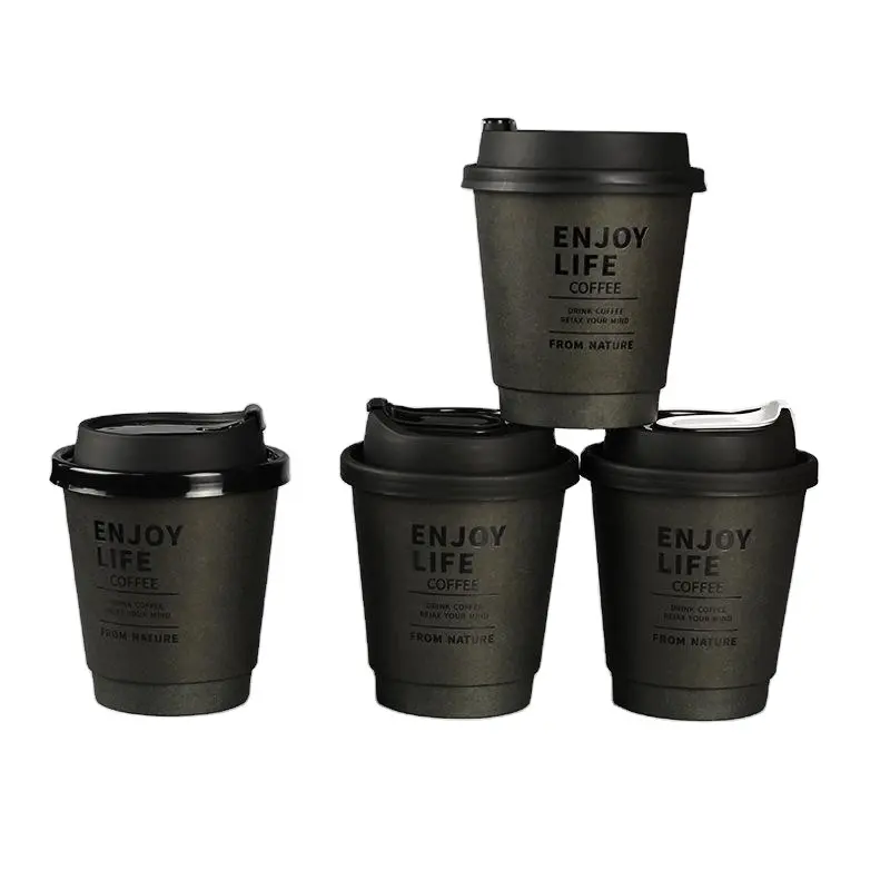 8Oz 10Oz 12Oz 16Oz 18Oz 20Oz Pla Wegwerp Dubbele Muur Stempelen Aangepaste Logo Alle Zwarte Hete Koffie Papier Cup