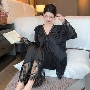 2026 Damen Langarm-Spitzenroben Süßer Prinzessinnen-Stil Sommer Frühling Herbst Pyjama-Set Elastische Taille Vorne Schlafanzug - Product Image 4