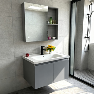 Meuble-lavabo moderne en acier inoxydable <span class=keywords><strong>avec</strong></span> portes gris mat, <span class=keywords><strong>armoire</strong></span> <span class=keywords><strong>murale</strong></span> et miroir carré pour appartement moderne - Product Image 3