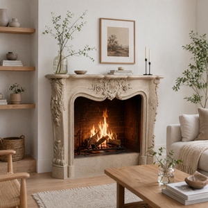 Cheminée en marbre personnalisée, moderne, sculptée à la main, luxueuse, en marbre beige Galala, avec manteau de cheminée en marbre - Product Image 1