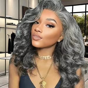 Stylish Salt Pepper Gray Remy Brazilian Lace Front Wig | Salon-Dyed for Lace Transparent Glueless <strong>Cap</strong> 13x4/13x6 Body <strong>Wave</strong> for - Product Image 2