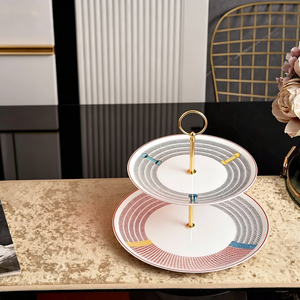 2 Tier Ceramic <b>Cake</b> <b>Stand</b> Colorful Geometric Print Porcelain Dessert Tray With Gold Handle for Afternoon Tea Wedding - Product Image 6