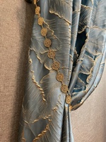 Rideaux occultants prêts à poser de haute qualité, luxueux, en jacquard à feuilles dorées et bleues, avec œillets