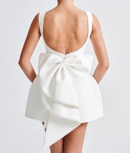 All'ingrosso moda donna personalizzata fiocco scollo a V senza maniche senza schienale abiti in Chiffon <span class=keywords><strong>bianco</strong></span> stampa digitale panno modello solido - Product Image 4