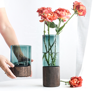 Vase à fleurs en verre transparent, style nordique, luxueux, simples, pour la maison, en bois massif, arrangement floral, décoration douce