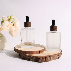 Refillable 30ml <strong>Transparent</strong> Frosted Square Empty Customize Amber Glass Serum Oil <strong>Dropper</strong> <strong>Bottles</strong> With Dark Plastic Wood Lids - Product Image 4