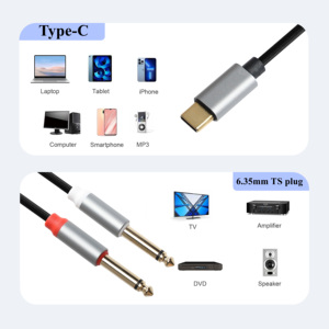 Placcato oro tipo <span class=keywords><strong>C</strong></span> USB <span class=keywords><strong>C</strong></span> a <span class=keywords><strong>AUX</strong></span> Dual 6.35mm connettore 1/4 maschio Y ramo Splitter Stereo cavo Audio per telefono portatile Amp - Product Image 5