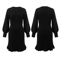 Robe pull en maille torsadée pour femme, col rond, manches ballon, ourlet à volants, mini-robe moulante en tricot pour femmes