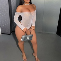 Sfyb71 Funkelnder Strass-Netzanzug Schulterfreier Langarm-Body mit Hohem Beinausschnitt Transparenter Mesh-Einteiler Damen-Dessous