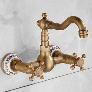 <span class=keywords><strong>Robinet</strong></span> <span class=keywords><strong>mural</strong></span> de cuisine et salle de bain HUBEN en laiton antique, design classique européen, double poignée, finition brossée bleu et blanc - Product Image 2