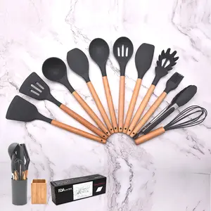 Hot Sale Non-stick Heat Resistant Kitchenware Cooking Tools Kitchen Utensils With Holder 11pcs Set Of Silicone Wood