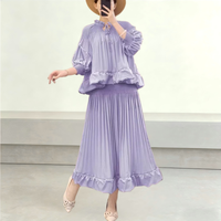 Ensemble deux pièces plissé lavande, chemisier à manches ballon et jupe midi taille haute à volants, tenue décontractée et modeste pour femme, vente en gros OEM