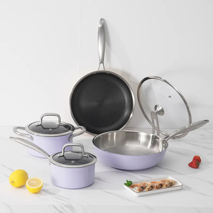 Set di Pentole e Padelle Antiaderenti in Acciaio Inox Color Lavanda, Resistenti e Ibride con Struttura a Nido d'Ape, per <span class=keywords><strong>Chef</strong></span> Professionisti - Product Image 4