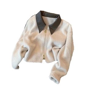 <span class=keywords><strong>Cardigan</strong></span> <span class=keywords><strong>beige</strong></span> da <span class=keywords><strong>donna</strong></span> in maglia con colletto a revers in pelle e doppia cerniera frontale - Abbigliamento casual a strati contemporaneo - Product Image 6