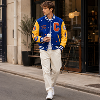 Blouson universitaire en gros pour hommes, décontracté, avec patchwork, broderie graphique, épais, style streetwear, type baseball