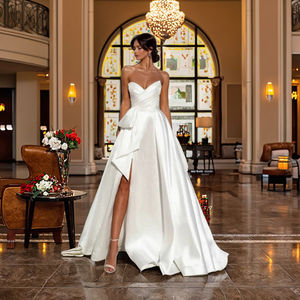 Abito da Sera Elegante e Sexy in Raso Bianco Puro, <span class=keywords><strong>Taglie</strong></span> <span class=keywords><strong>Forti</strong></span>, Spalle Scoperte, Vita Naturale, Lunghezza a Terra - Product Image 6