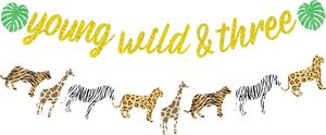 Dschungel-Dekorationen zum 3. Geburtstag: „Young Wild and Three“-Banner und Girlande mit Safari-Tiermotiven für Jungen oder Mädchen - Product Image 2