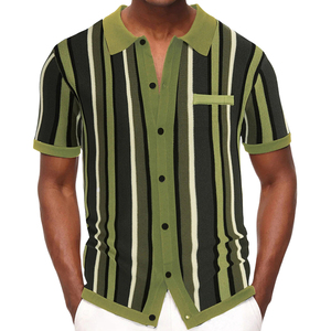 T-Shirt da uomo lavorata a maglia a maniche corte con <span class=keywords><strong>Cardigan</strong></span> estivo T-Shirt Casual da uomo in maglia a righe con risvolto - Product Image 3