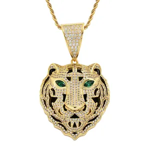 Hiphop 18K Gold Plated Tiger Head Pendant Iced Out Agate Zircon Hollow Green Eye Tiger Pendant Necklace Charm Jewelry For Men
