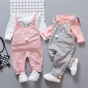 Set Pakaian Bayi Perempuan Lengan Panjang, Baju Jatuh + Celana Suspender Dua Buah Pakaian Musim Gugur Musim Semi Balita Anak-anak