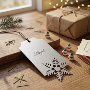 Marcapáginas Navideño Personalizable de Latón Plateado con Diseño Moderno Grabado y Recorte de Copo de Nieve - Product Image 3