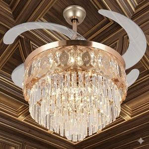 Ventilateur de plafond LED doré haut de gamme avec lustre en cristal, pales rétractables, télécommande, moteur silencieux, décoration de luxe - Product Image 2