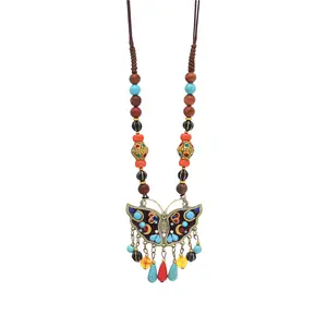idealway Butterfly Pendant Necklace Jewelry Turquoise Stone Drop Shape Tassel Necklace