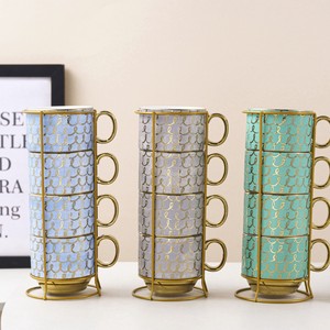 Taza de Porcelana Estilo Europeo con Soporte de Hierro, Diseño Galvanizado, Apilable, Apta para Microondas, Ecológica, para Almacenamiento; Set de Regalo - Product Image 2