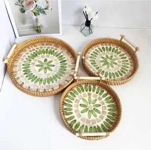 3Pcs Thiết Kế Sang Trọng Tự Nhiên Mây Seashell 22Cm 24Cm 28Cm Bàn Cà Phê Thực Phẩm Ăn Nhẹ Trái Cây Phục Vụ Khay Với Tay Cầm Bằng Gỗ - Product Image 2