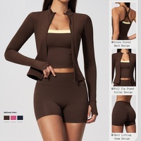 Ensembles 5 pièces pour femmes OEM ODM : Veste zippée à passe-doigt, Leggings taille haute effet push-up, Short cycliste, Brassière de sport, Ensemble de yoga croisé