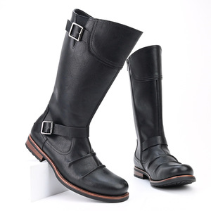 Men's <b>Knee</b>-<b>High</b> Moto Biker Boots Genuine Leather Round Toe Flat Heel Anti-Slippery Rubber Outsole Buckle Decoration - Product Image 5