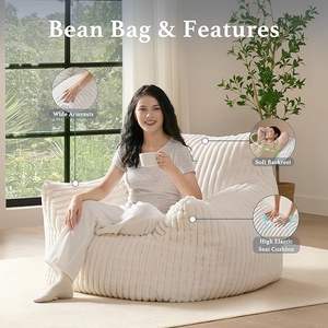 Pouf beige confortable en velours côtelé à larges rayures avec accoudoirs sans remplissage Mini canapé moelleux à nuage unique - Product Image 3