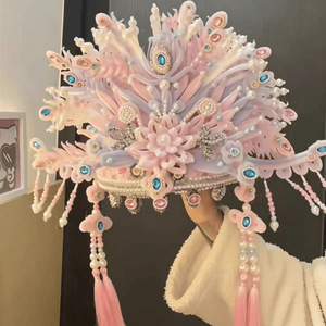 Kit de bricolaje de corona de Fénix rosa, tocado tradicional de estilo chino de 25cm con flores, perlas y borlas, regalo para mujeres - Product Image 3