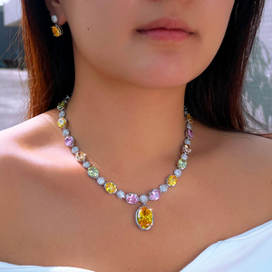 Parure de bijoux 2 pièces Noble avec pendentif ovale en zircon cubique couleur arc-en-ciel et boucles d'oreilles pendantes pour <span class=keywords><strong>femme</strong></span>, accessoires de costume de mariée et de fête - Product Image 5