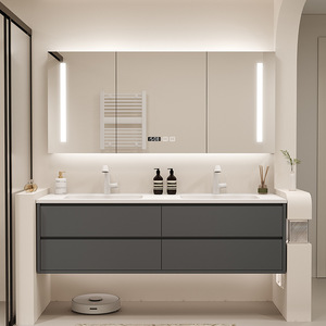 Meuble de salle de bain minimaliste avec miroir intelligent et vasque intégrée en céramique, vasque inférieure - Product Image 4