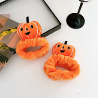 Super mignon ensemble trois pièces en peluche Citrouille d'Halloween, style japonais et coréen, bandeau pour cheveux, accessoire pour le lavage du visage et l'entretien, coiffe amusante pour photos