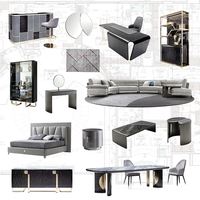 Ensemble de meubles de luxe de style italien pour toute la maison, canapé incurvé gris clair et table à manger en marbre foncé, ensemble salon et chambre