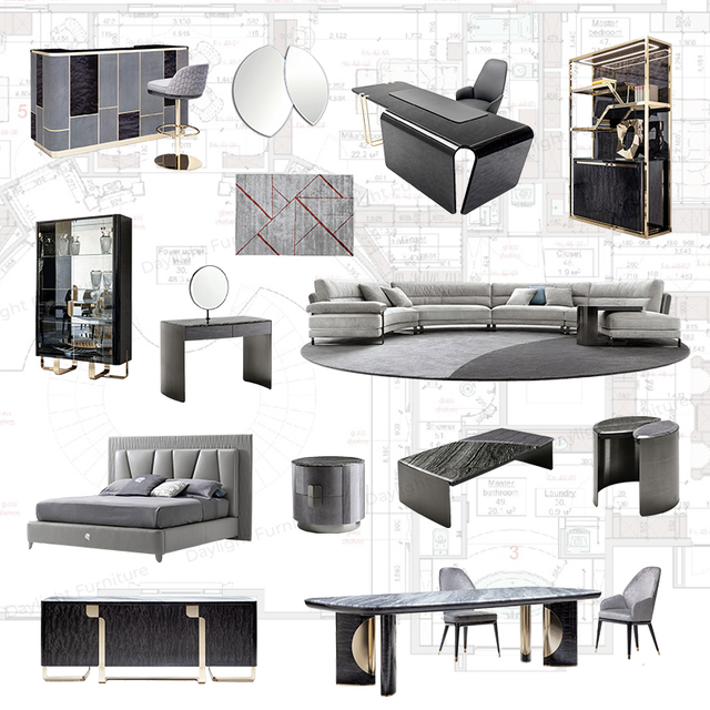Luxury Italian Style Whole House Furniture Set, Light Gray Curved Sofa and Dark Marble Dining Table, Living Room Bedroom Package