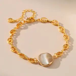 Moda redonda madre de concha de perla encanto nariz de cerdo pulseras de cadena llenas de oro joyería pulsera de concha de abulón y brazalete apto para mujeres