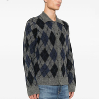 Cardigan en laine d'alpaga brossée à col polo, motif losanges, tricoté, de luxe, vintage, pour homme, conçu sur mesure