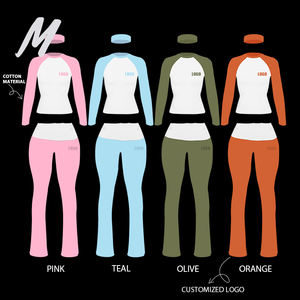 Set Dua Potong Wanita Musim Gugur 2025 Warna Kontras Logo Kustom Katun Elastis Lengan Panjang Dengan Pinggang Lipat Celana Flare Lembut - Product Image 1