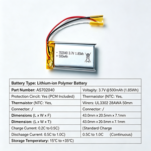 Batería Recargable de Iones de Litio 702040 de 3.7V 500mAh 1.85Wh con Cable Previamente Conectado para Juguetes y Electrónica de Consumo - Product Image 5
