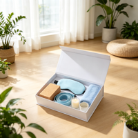 Coffret Cadeau Yoga Blanc avec Bloc de Liège, Masque de Sommeil, Serviette Bleue, Bougie en Verre, Tasse en Céramique – Emballage en Gros, Ensemble Cadeau